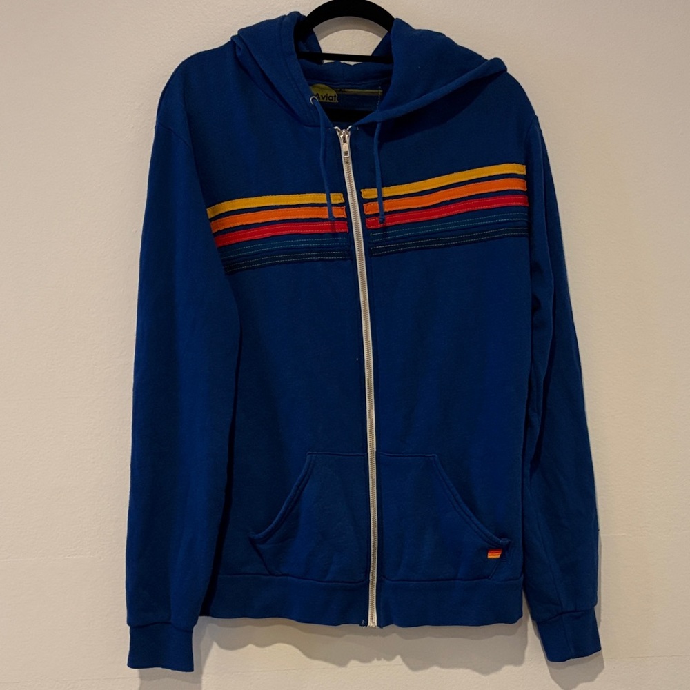 Aviator Nation Blue Zip-Up Sweater with Multicolor Stripes